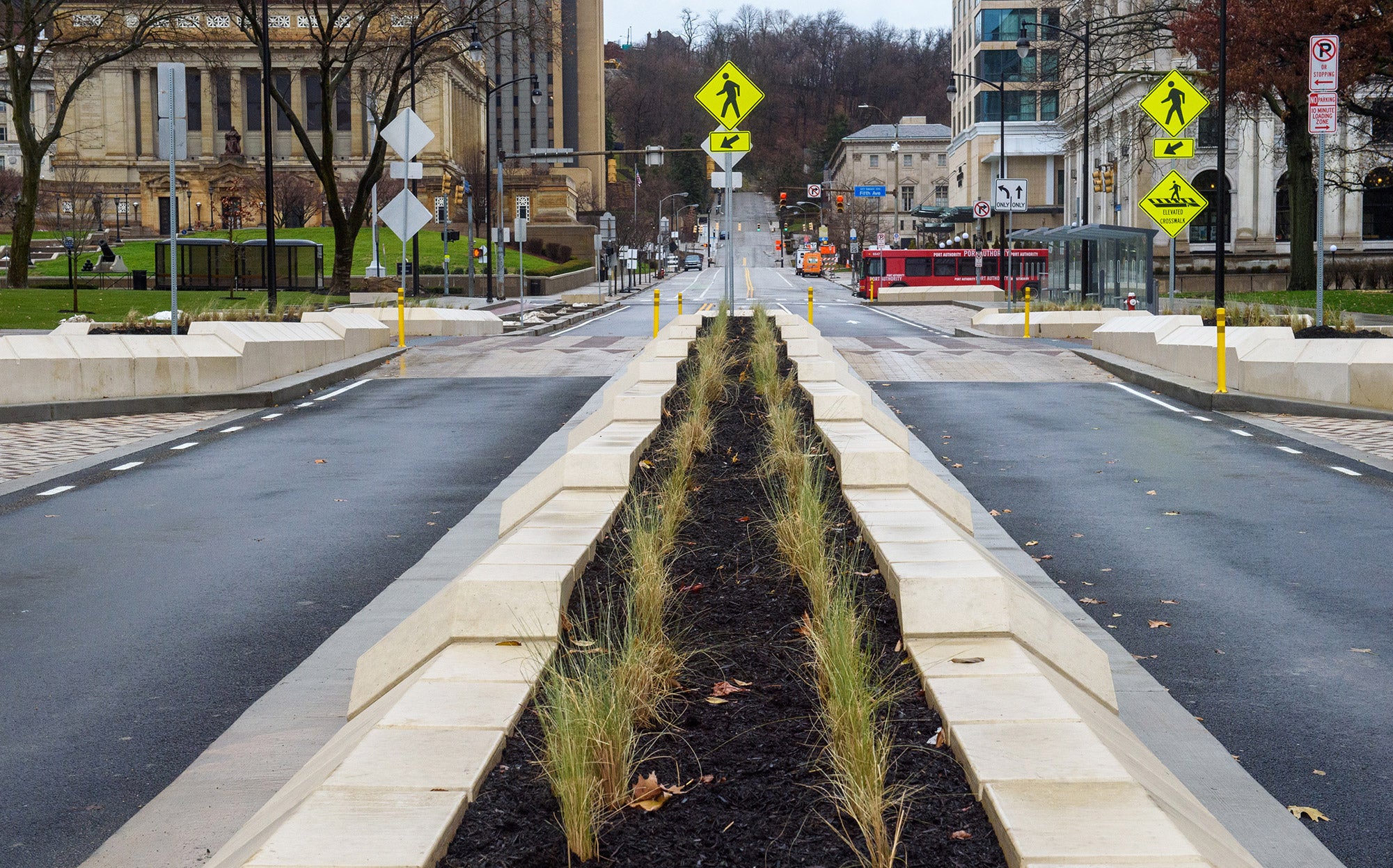 landscaped grassy lane between paved car lanes with raised pedestrian crossings