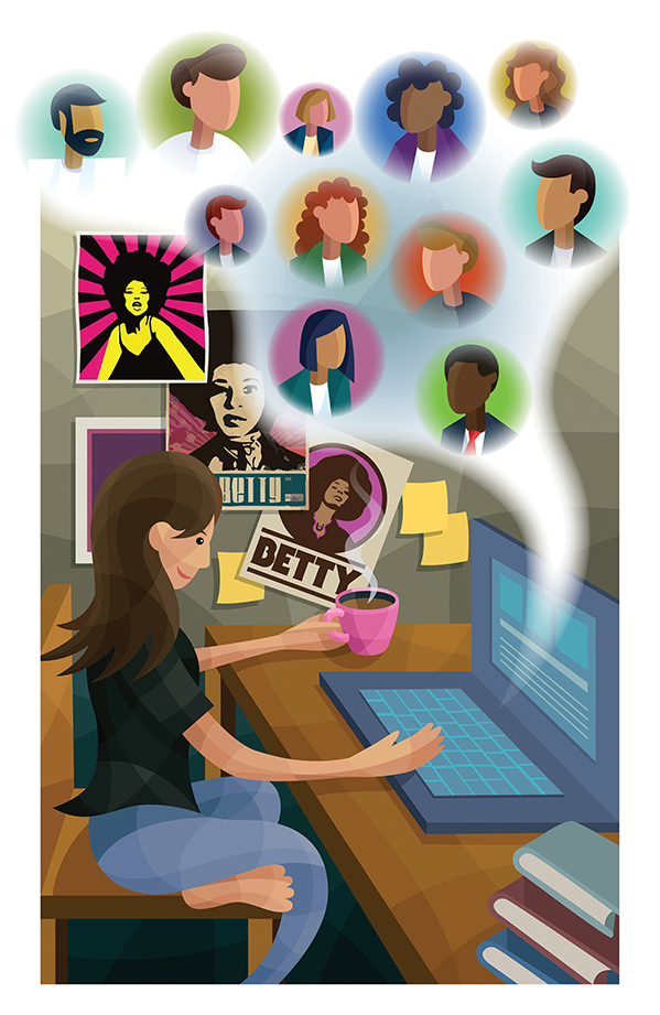 illustration of brown-haired woman holding coffee cup in front of computer, posters of "Betty" on wall behind her along with yellow Post-it notes, the faces of virtual friends and family hover in the air above the woman at her desk