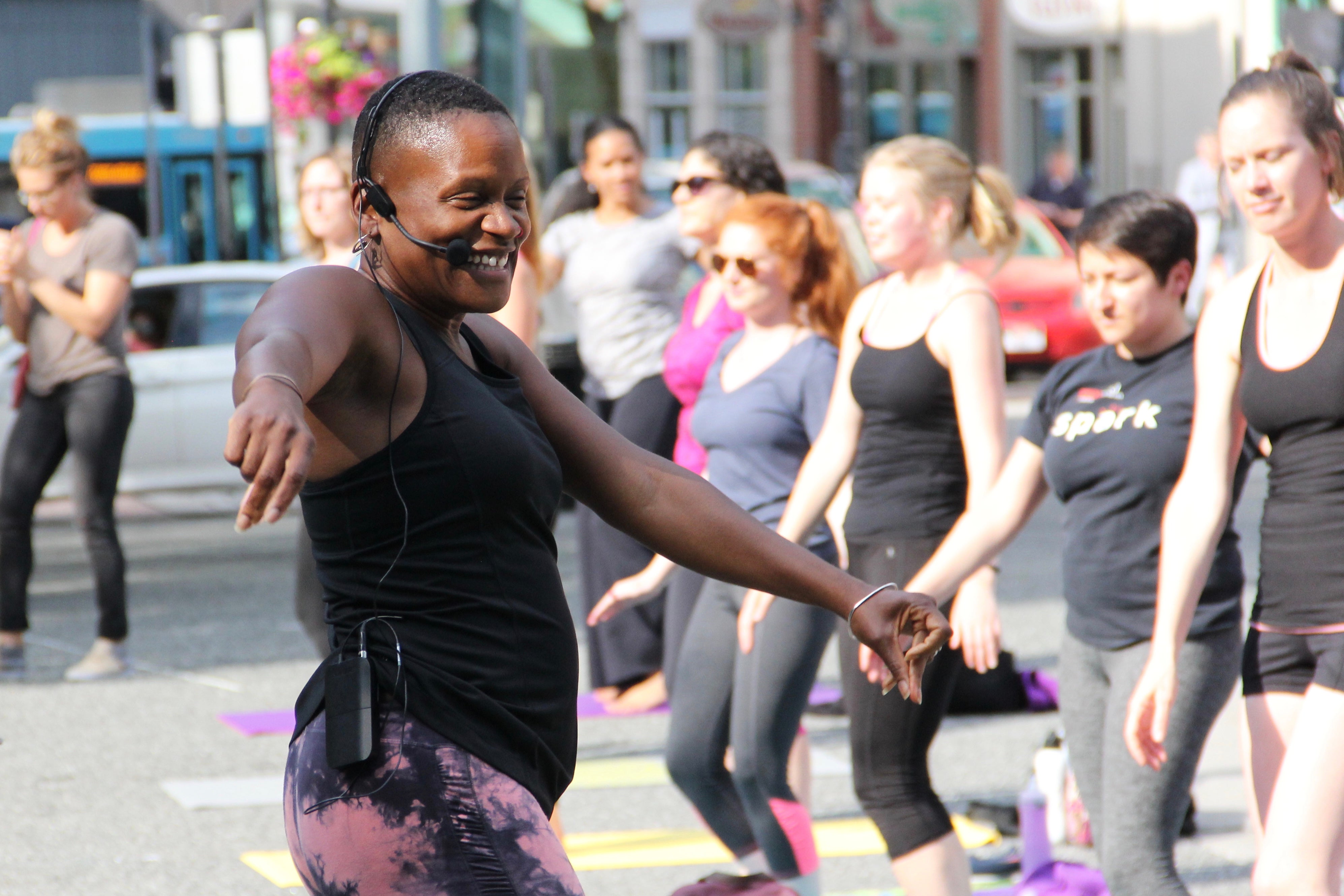 Felicia Savage Friedman teaches yoga in Market Square in downtown Pittsburgh.