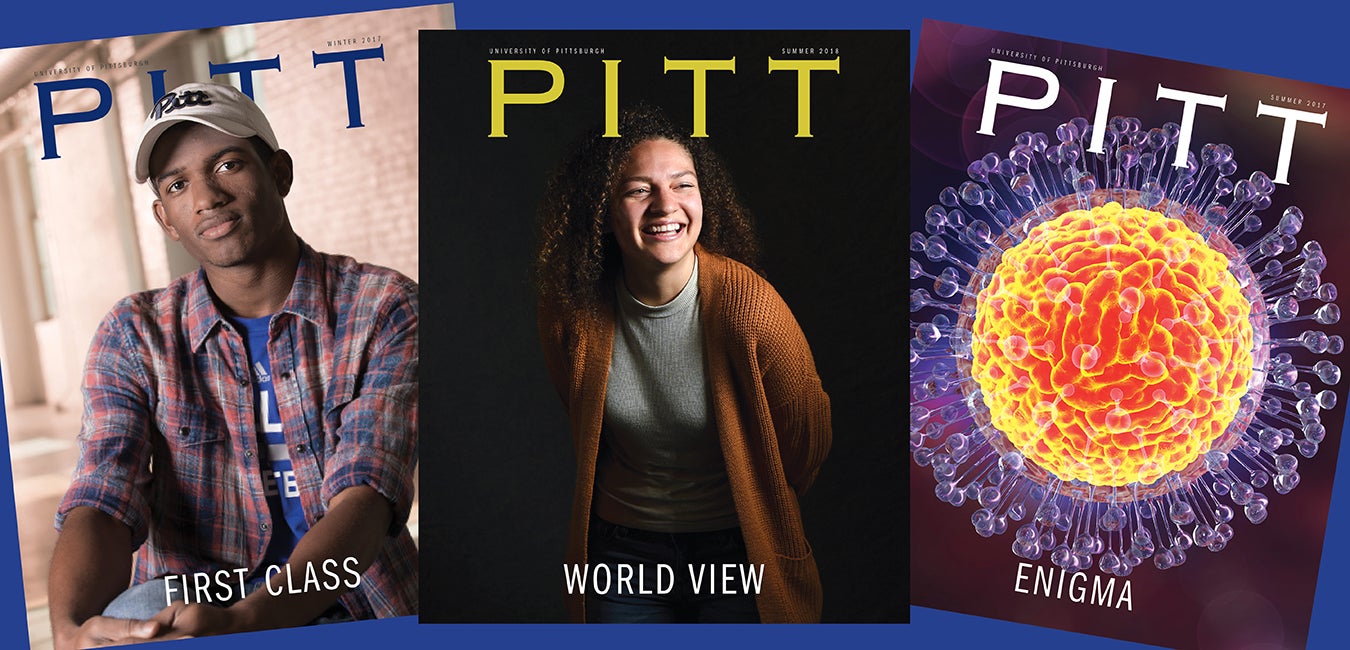 spread of three Pitt Magazine covers