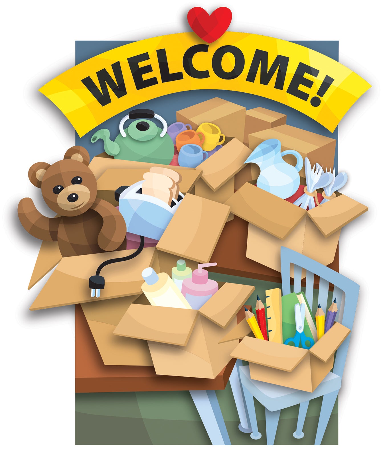 A teddy bear, tea pot, toaster, utensils, etc. overflow from boxes, above which a sign reads "Welcome!"
