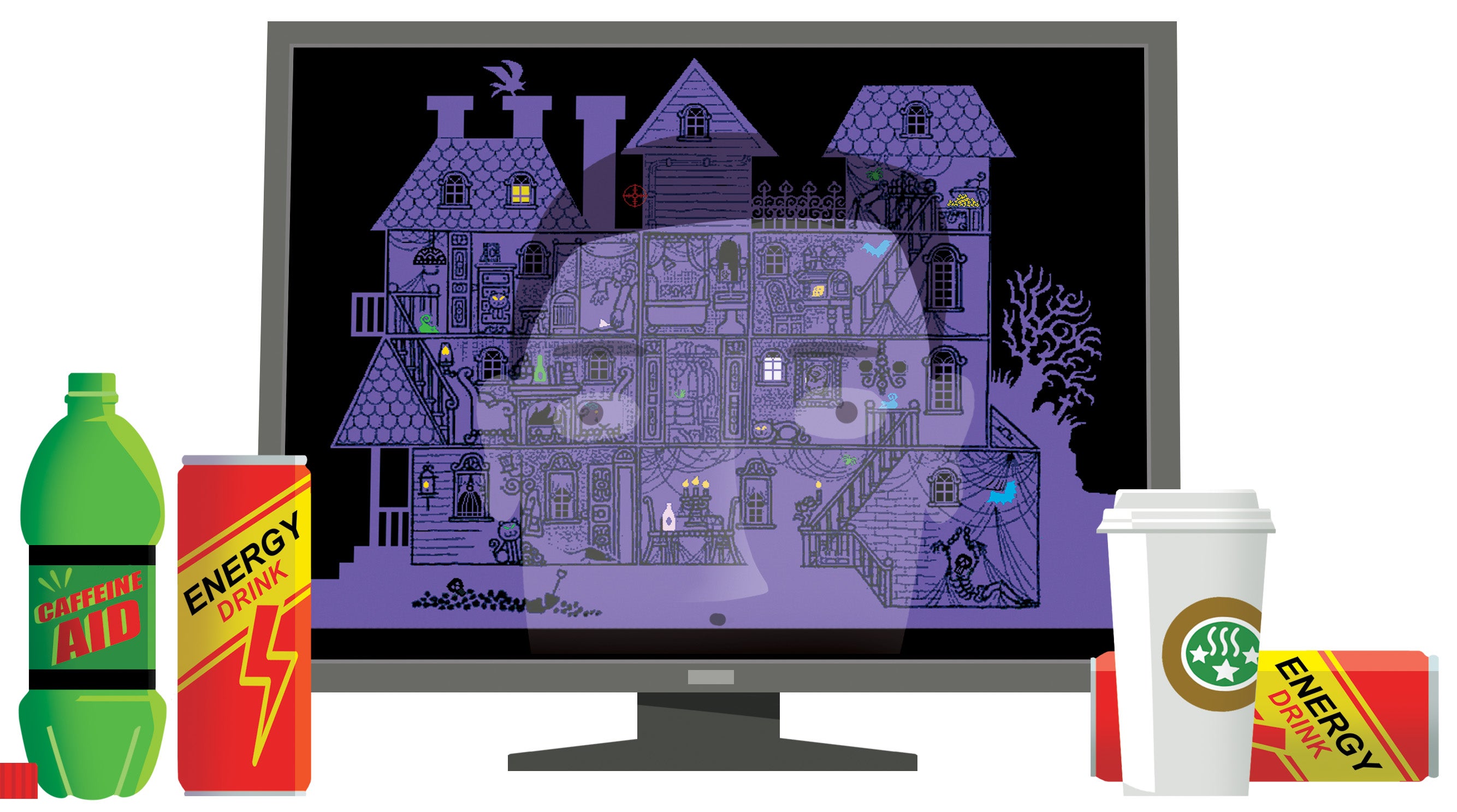 A screen showing a multi-level haunted house reflects the face of the mesmerized gamer, whose discarded caffeine drink containers sit beside the screen