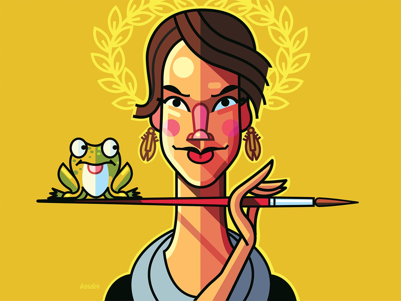 Illustration of Ashley Cecil holding a paintbrush horizontally with a frog sitting on the edge of the brush.