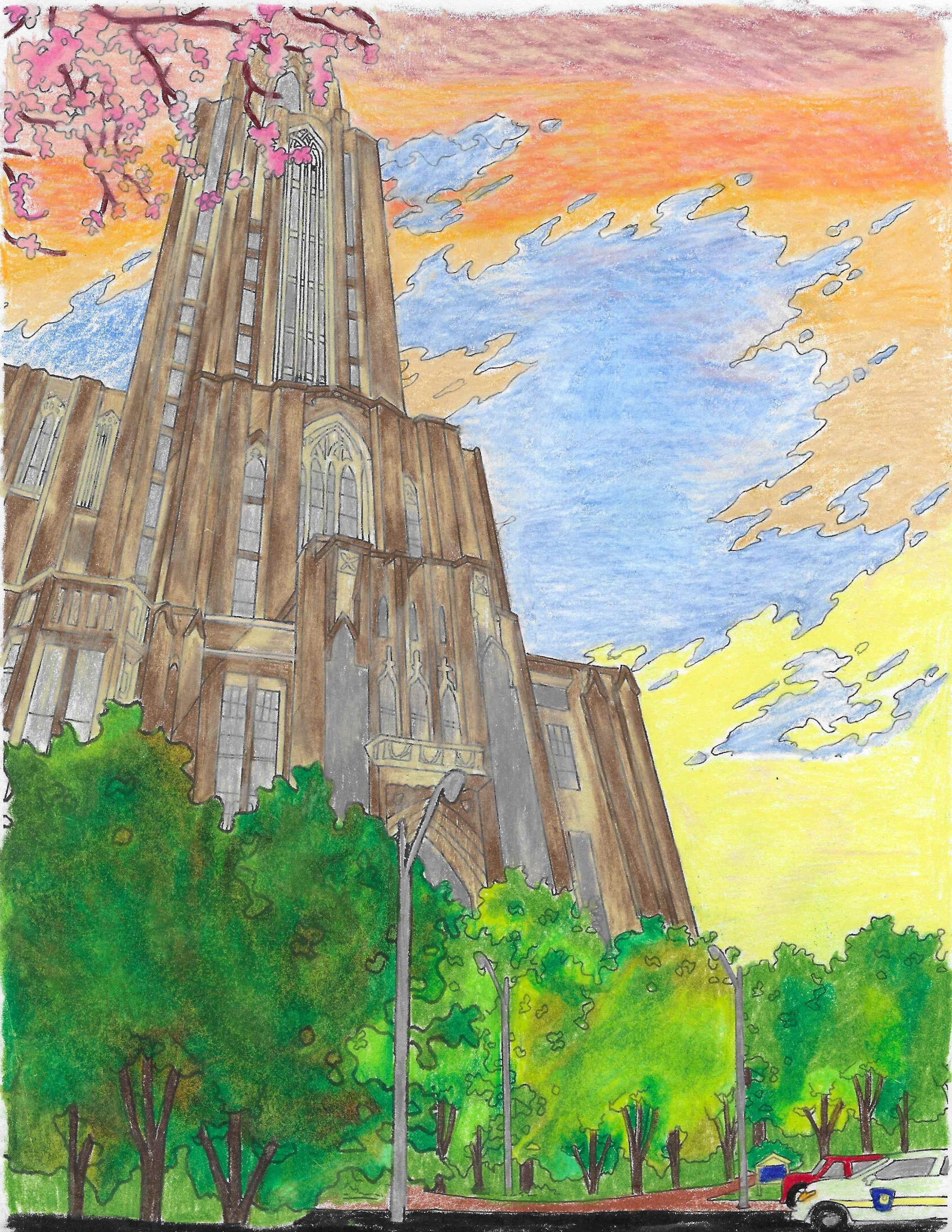 Cathedral of Learning at dawn or dusk, drawn with colored pencils
