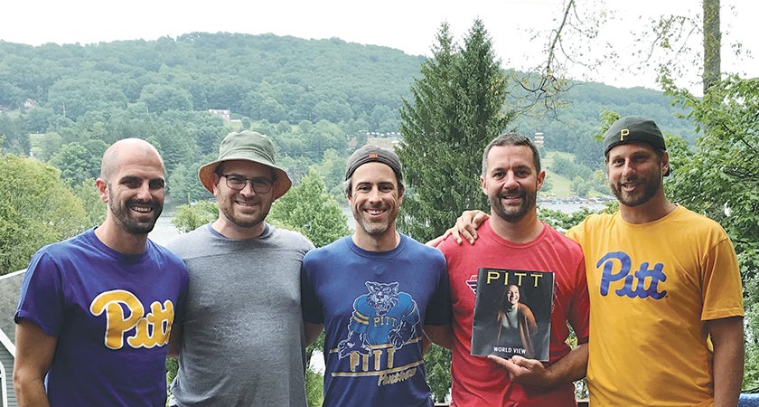 These former Tower A floormates take an annual trip to Maryland's Deep Creek Lake to remember the good old days—and catch up on their Pitt Magazine reading. From left to right: Daniel Doyle (A&S '02), Tim Baker (CGS '02, EDUC '06G), Nick Greer (A&S '02, EDUC '03G), Brent Hoover (ENGR '02), and Corey Seymour (ENGR '03).