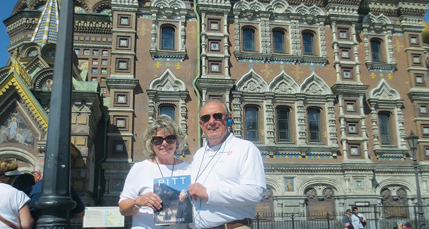 Richard and Marie Bagay stand in front of the Church of Our Savior on the Spilled Blood in St. Petersburg, Russia.