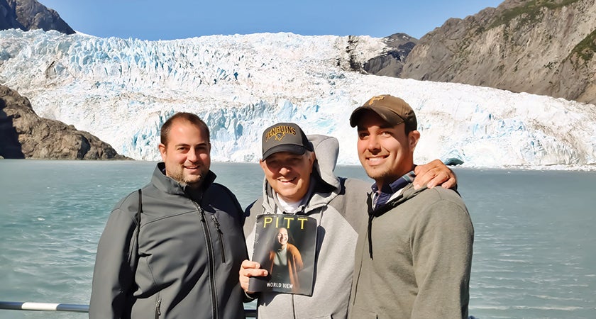 Greg Fratangelo (A&S ’09), Dominic Fratangelo (A&S ’71), and Brian Thoma (A&S ’09) stayed warm on a trip to see the Margerie Glacier in Alaska's Glacier Bay National Park and Preserve with a cool bit of reading material: Pitt Magazine.
