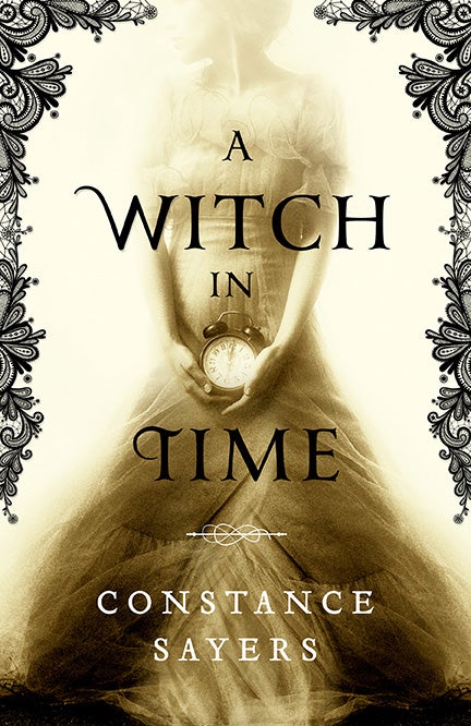 A Witch in Time book cover, woman wearing tulle dress and holding a clock