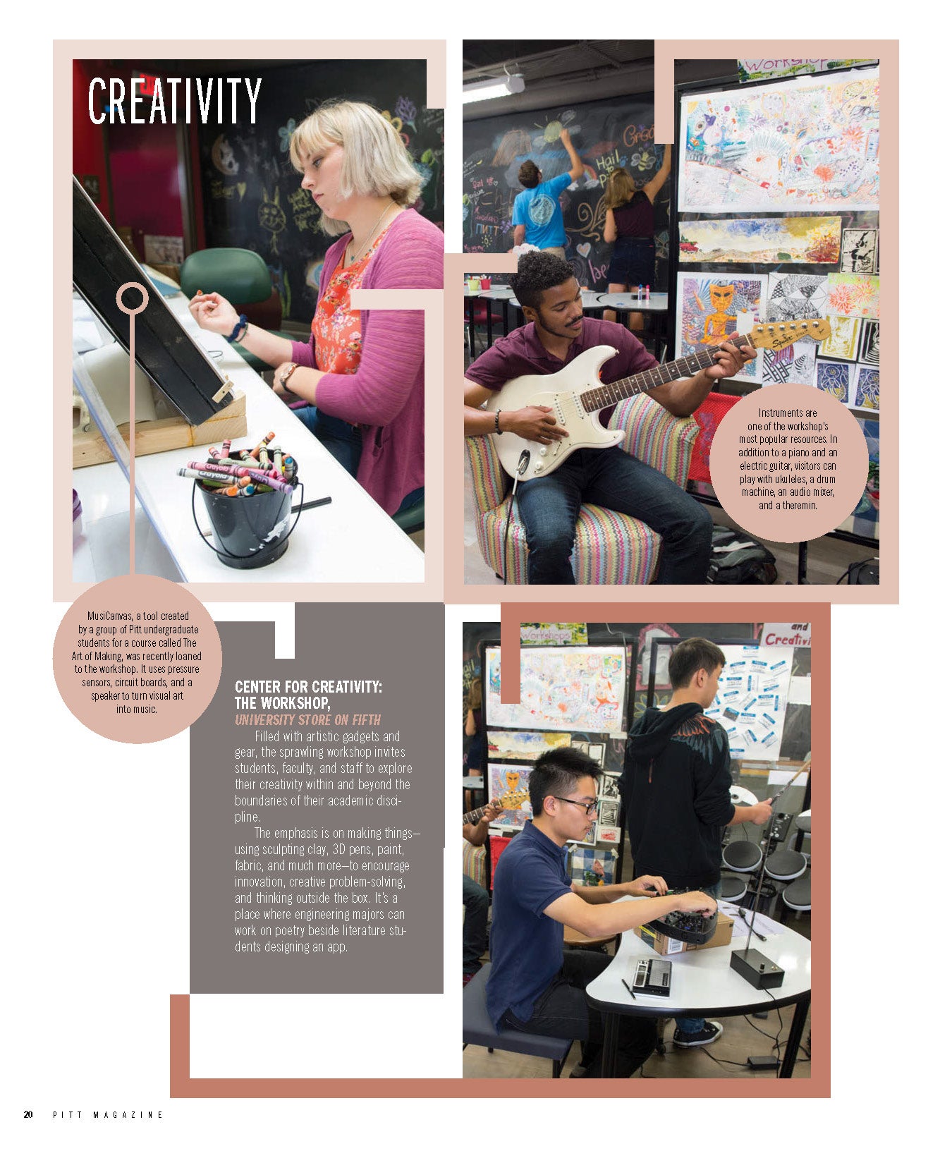Page from Pitt Magazine with photos of Center for Creativity.