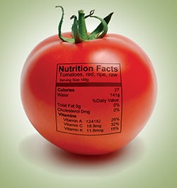 Tomato with nutrition facts on skin