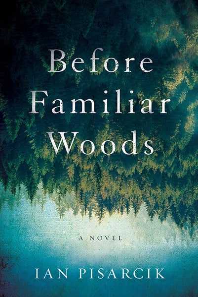 Before Familiar Woods book cover, upside down painting of evergreen trees that turns into blue sky