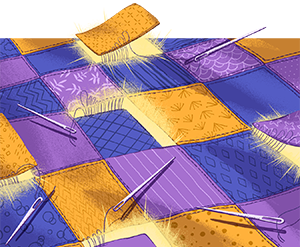 illustration of indigo, orange and purple patchwork quilt stitched with many needles