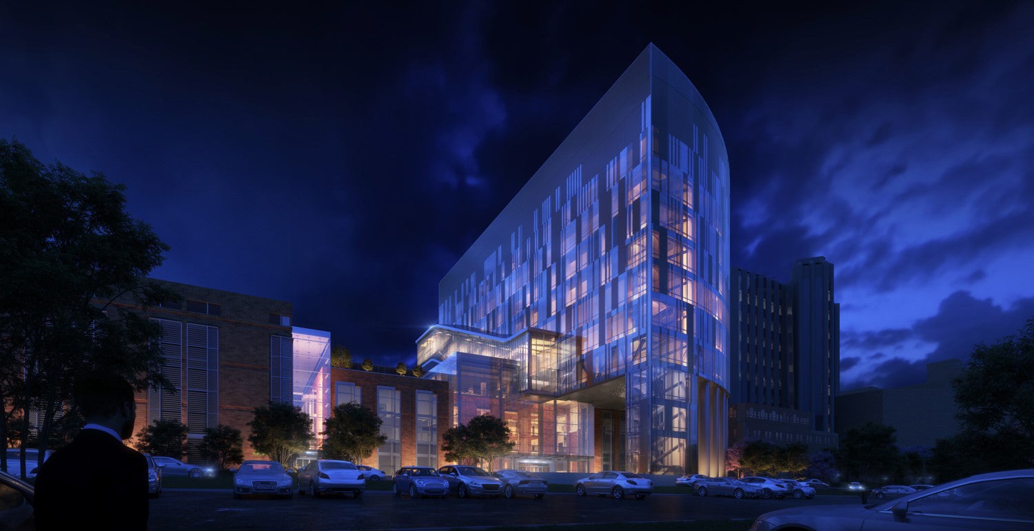 An artist's nighttime rendering of UPMC Vision and Rehabilitation at UPMC Mercy, the future home of the Louis J. Fox Center for Vision Restoration of UPMC and the University of Pittsburgh