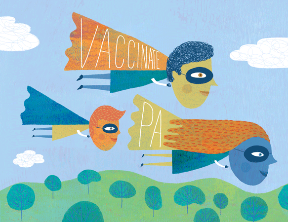 moving illustration of three masked, caped people flying over landscape of trees, the words "Vaccinate" and "PA" on two of the three capes