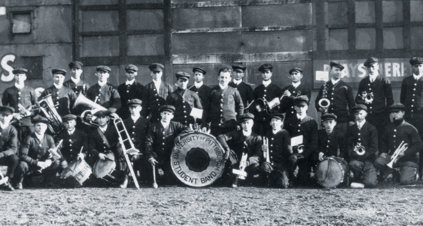 One of the earliest photos of the University of Pittsburgh Marching Band, circa 1912-1913, at Forbes Field.