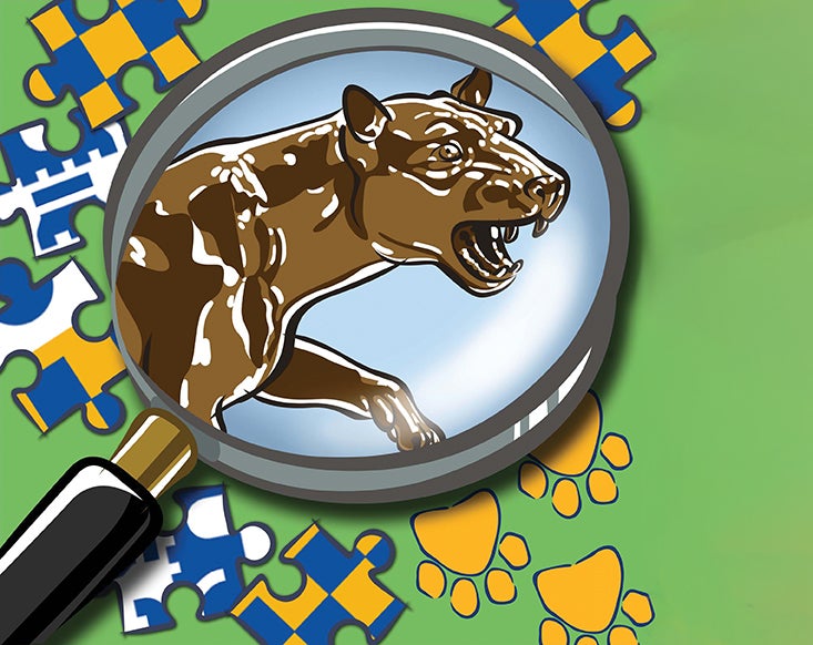 illustration of magnifying glass over panther statue, with Pitt-colored puzzle pieces in background