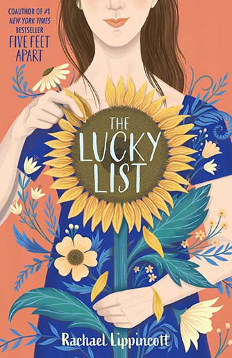 "The Lucky List" book cover with illustration of woman holding sunflower